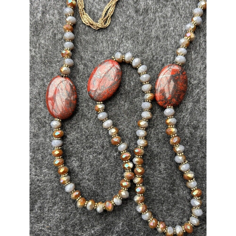 Brecciated Jasper & Blue Copper Rondelle Glass Beads Necklace 32” Goldtone Chain
